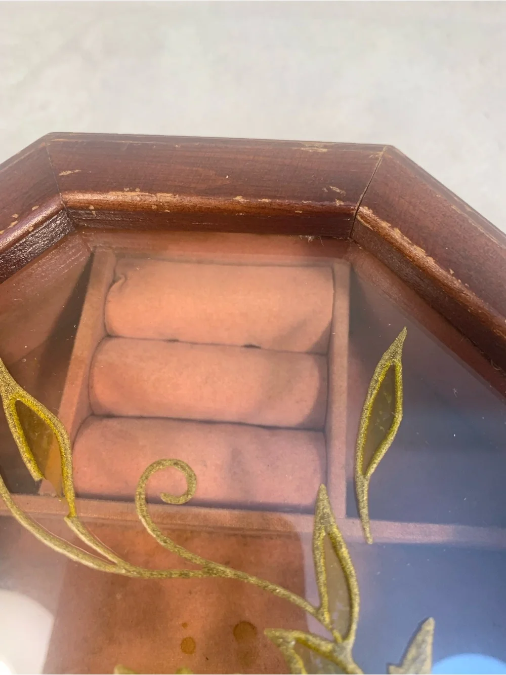 Cottagecore Grandma Octagonal Brown Floral Glass Jewelry Box - Velvet Inside